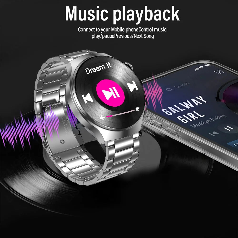 Black G.L Wear 2025 men's smartwatch with HD display, health tracking, Bluetooth calling, voice assistant, and sports features.