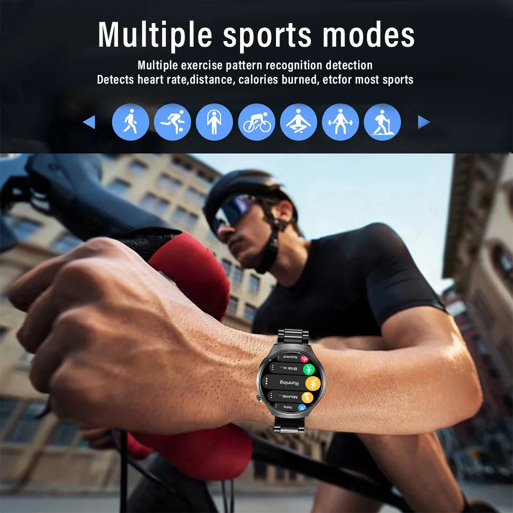 Black G.L Wear 2025 men's smart watch with HD display, fitness tracking, Bluetooth calling, and voice assistant features.