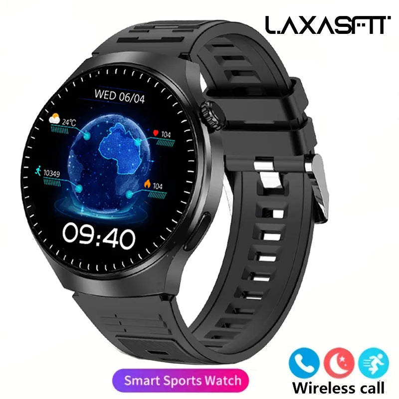 Black G.L Wear 2025 men's smartwatch with HD display, health tracking, Bluetooth calling, voice assistant, and sports features.