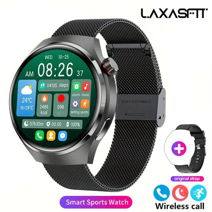 Black G.L Wear 2025 men's smartwatch with HD display, health tracking, Bluetooth calling, voice assistant, and sports features.