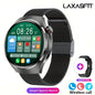 Black G.L Wear 2025 men's smartwatch with HD display, health tracking, Bluetooth calling, voice assistant, and sports features.