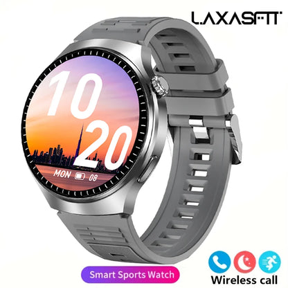 Black G.L Wear 2025 men's smartwatch with HD display, health tracking, Bluetooth calling, voice assistant, and sports features.