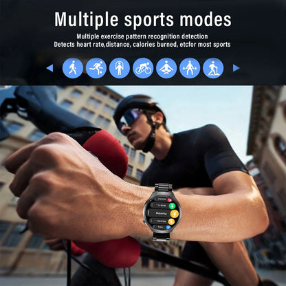 Black G.L Wear 2025 men's smart watch with HD display, health tracking, Bluetooth calling, voice assistant, and sports features.