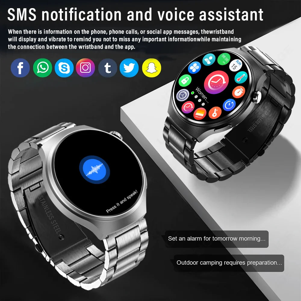 Black G.L Wear 2025 men's smartwatch with HD display, health tracking, Bluetooth calling, voice assistant, and sports features.