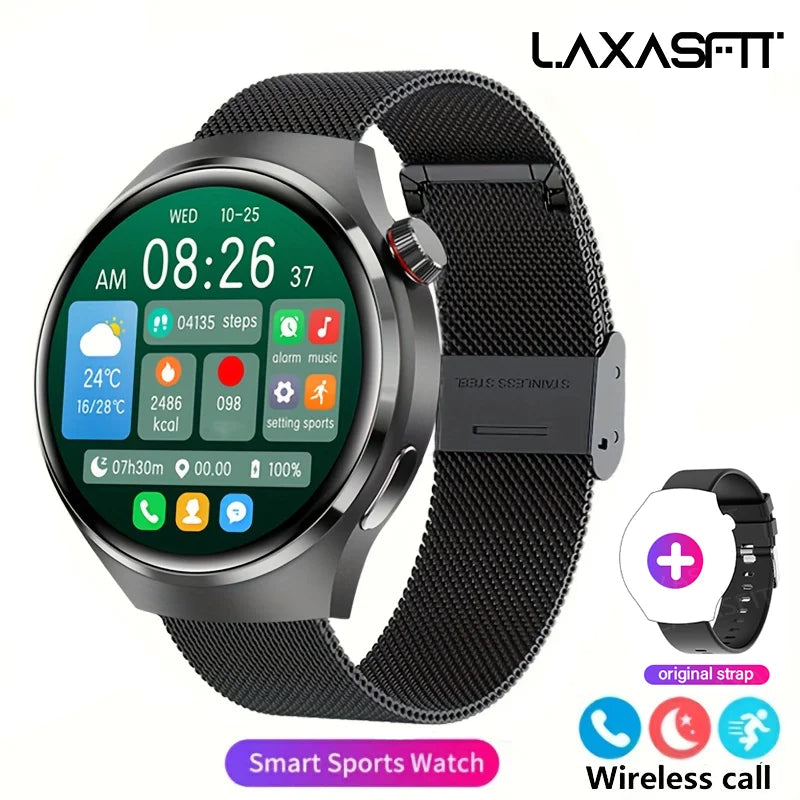 Black G.L Wear 2025 men's smartwatch with HD display, health tracking, Bluetooth calling, voice assistant, and sports features.