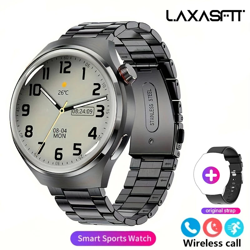 Black G.L Wear 2025 men's smart watch with HD display, health tracking, Bluetooth calling, voice assistant, and sports features.