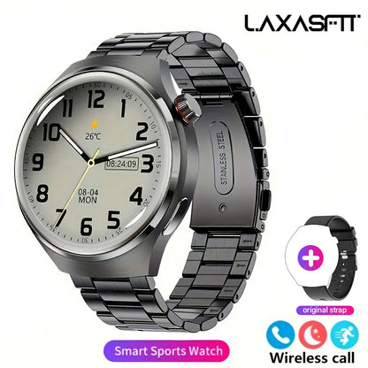 Black G.L Wear 2025 men's smart watch with HD display, health tracking, Bluetooth calling, voice assistant, and sports features.