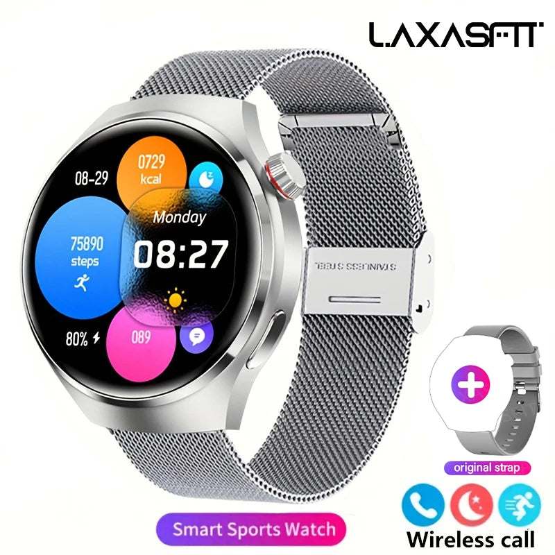 Black G.L Wear 2025 men's smartwatch with HD display, health tracking, Bluetooth calling, voice assistant, and sports features.