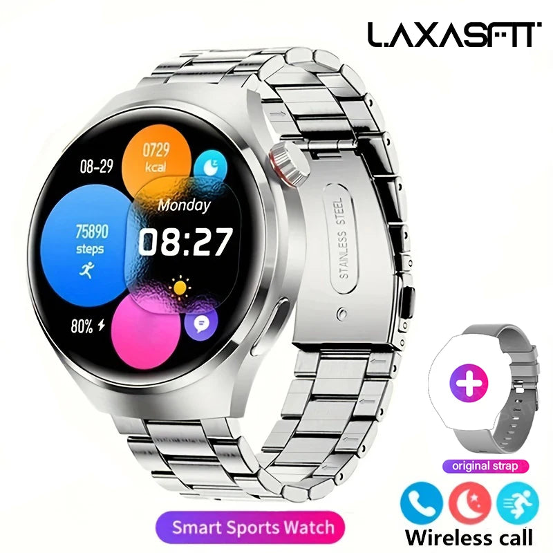 Black G.L Wear 2025 men's smart watch with HD display, health tracking, Bluetooth calling, voice assistant, and sports features.