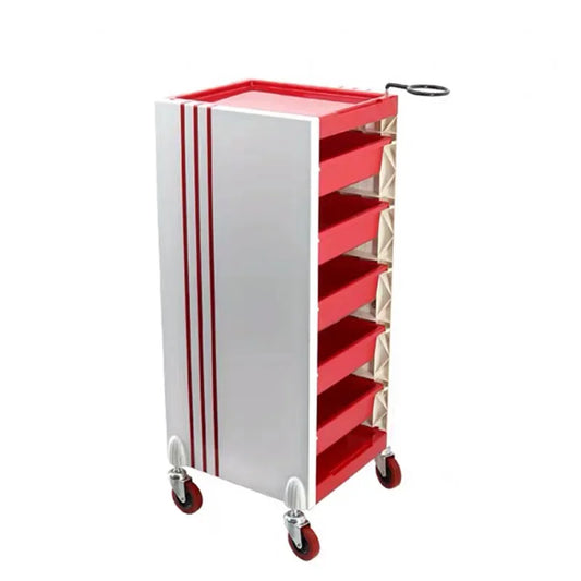 Multifunctional beauty salon hair cart with multiple shelves and wheels, ideal for storing styling tools and supplies.