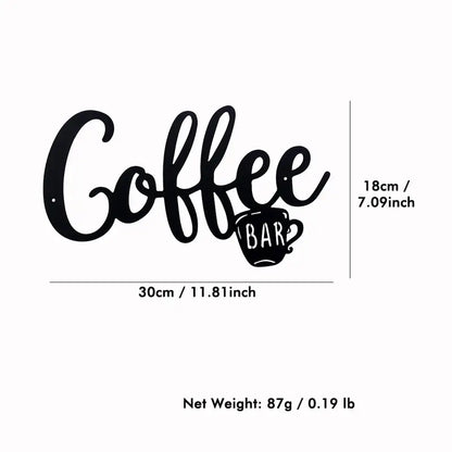 Black metal hanging coffee wall sign featuring a coffee cup design, perfect for kitchen or cafe decor.
