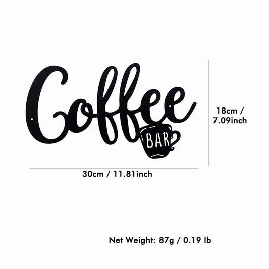 Black metal hanging coffee wall sign featuring a coffee cup design, perfect for kitchen or cafe decor.