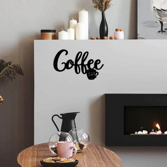 Black metal hanging coffee wall sign with coffee cup design, perfect for coffee decor in kitchens or cafes.
