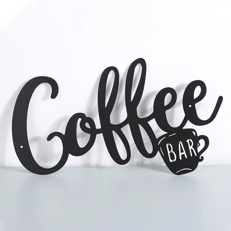 Black metal hanging coffee wall sign with a coffee cup design, ideal for kitchen or coffee shop decor.