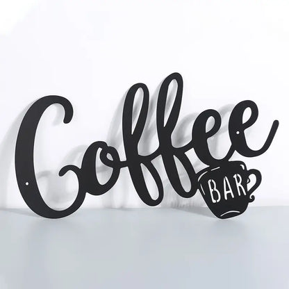 Black metal hanging coffee wall sign with a coffee cup design, ideal for kitchen or coffee shop decor.
