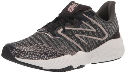 New Balance Women's FuelCell Shift TR V2 cross trainer in black, harbor grey, and champagne metallic, size 7 wide, side view.