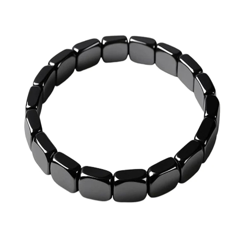 Black hematite bracelet for men featuring beaded stretch design, promoting confidence and healing with natural hematite stones.