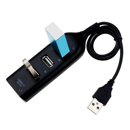 Black BackupMyFilesNow 4-port USB 2.0 hub with cable, mini splitter, power adapter, suitable for PC, laptop, and notebook use.