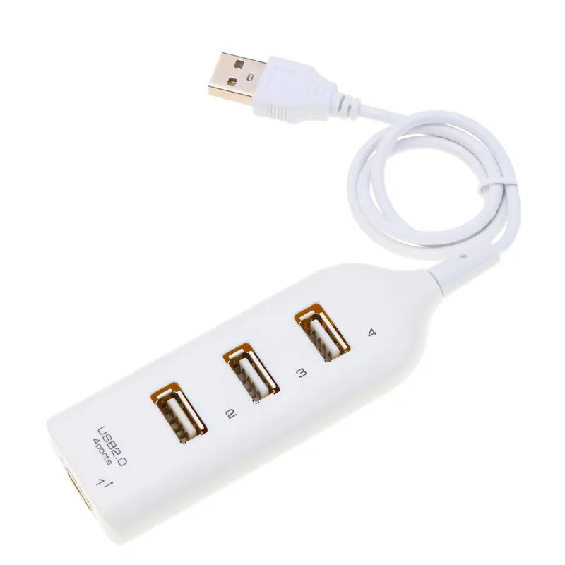 Black 4-port USB 2.0 hub with cable, compact design, suitable for PC, laptop, and notebook, with power adapter support.