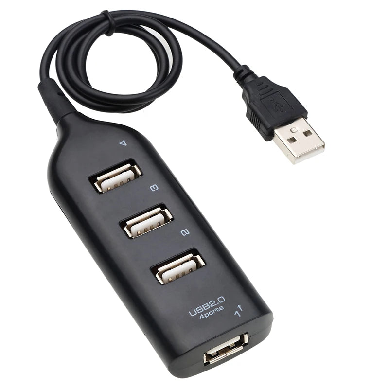 Black 4-port USB 2.0 hub with cable, mini splitter, and power adapter for PC, laptop, or notebook connectivity.