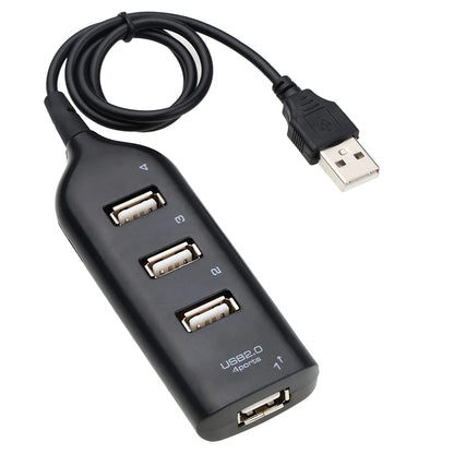 Black 4-port USB 2.0 hub with cable, mini splitter, and power adapter for PC, laptop, or notebook connectivity.