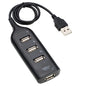 Black 4-port USB 2.0 hub with cable, mini splitter, and power adapter for PC, laptop, or notebook connectivity.