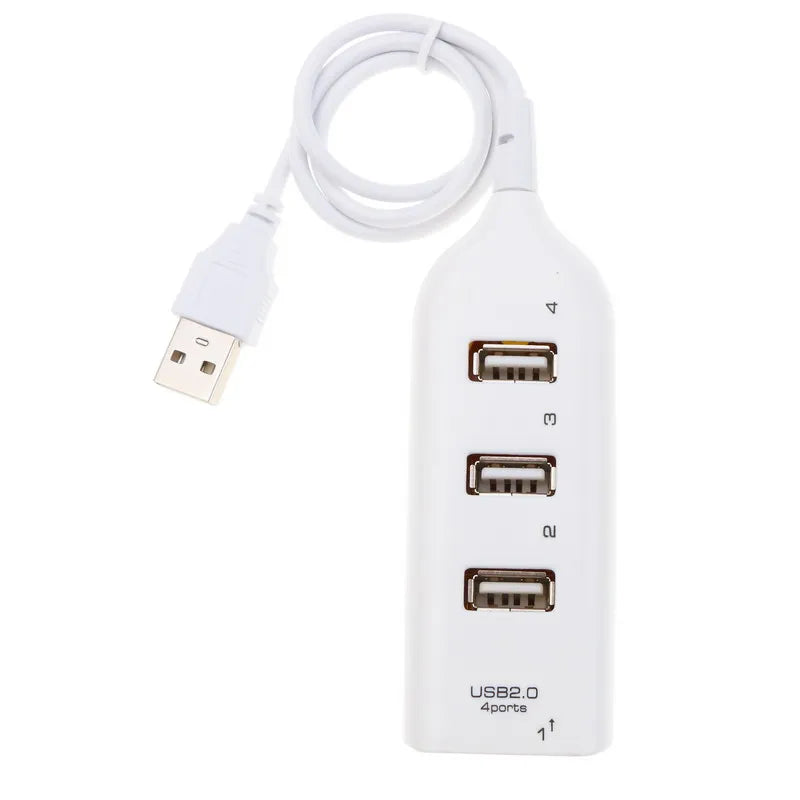 Black 4-port USB 2.0 hub with cable and power adapter, compatible with PC, laptop, and notebook for multiple device connections.
