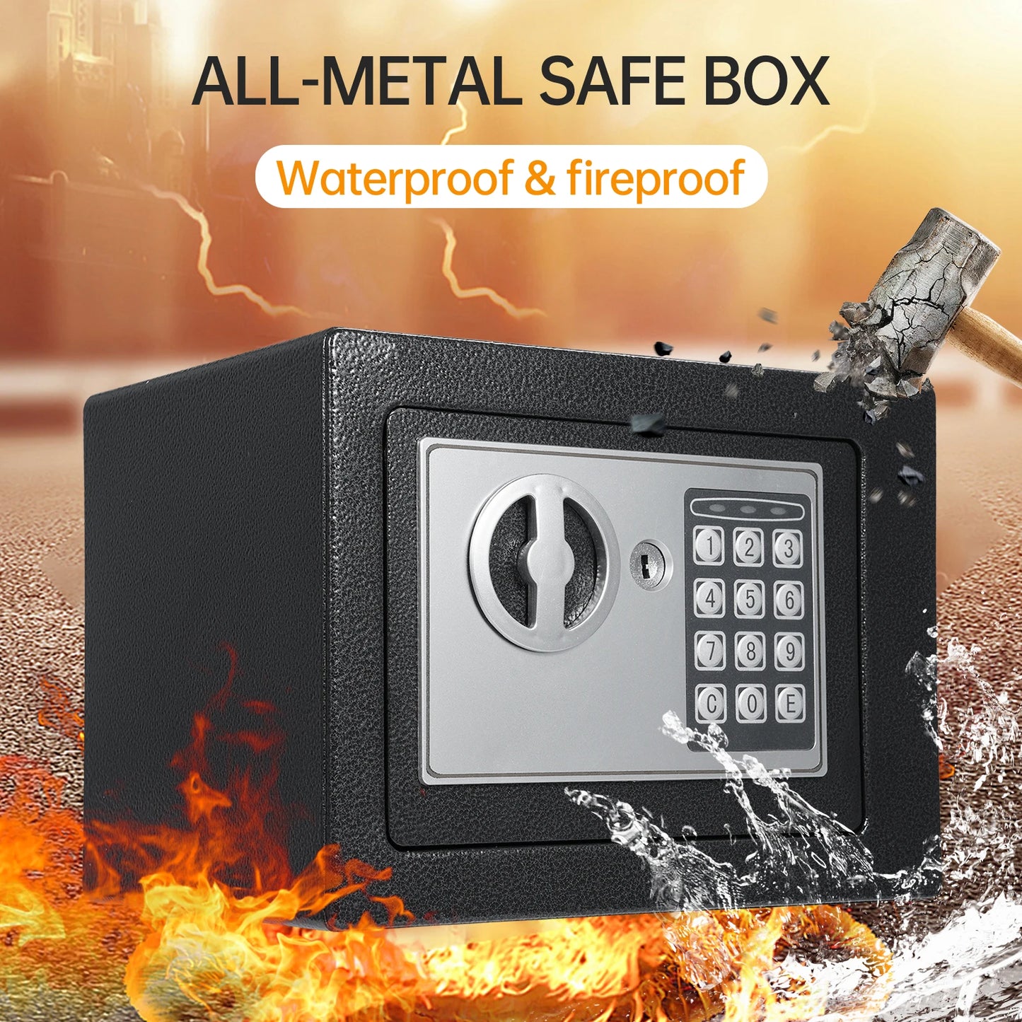 Black digital home safe with keypad and spare keys, fireproof and waterproof storage box for documents, money, and valuables.