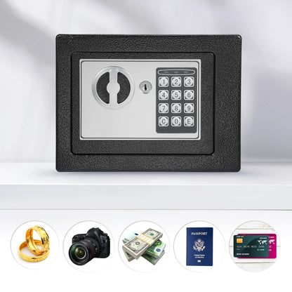 Black fireproof waterproof home safe with digital keypad, spare keys, and document bag for secure storage of valuables and documents.