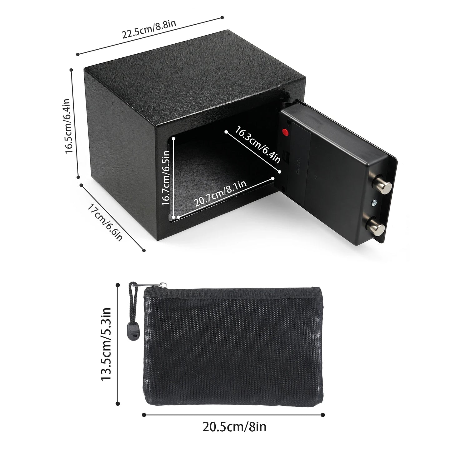 Black fireproof waterproof home safe with digital keypad, spare keys, and document bag for secure storage of valuables and documents.