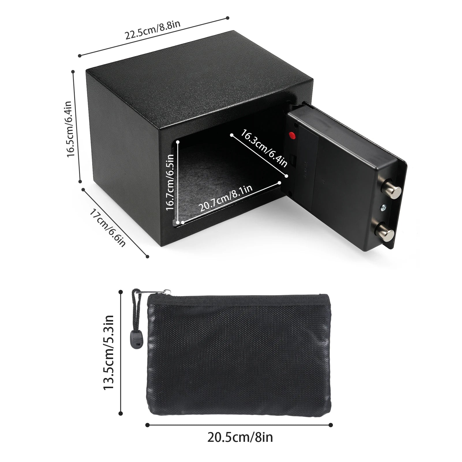 Black fireproof waterproof home safe with digital keypad, spare keys, and document bag for secure storage of valuables and documents.