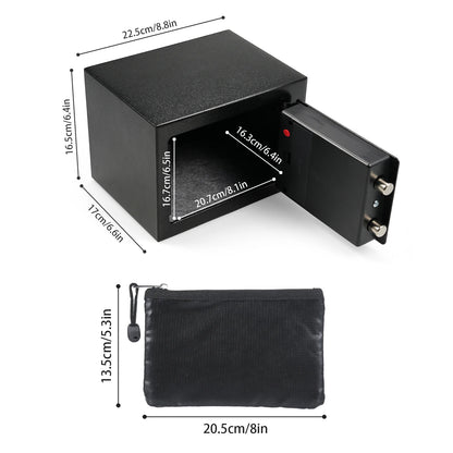 Black fireproof waterproof home safe with digital keypad, spare keys, and document bag for secure storage of valuables and documents.