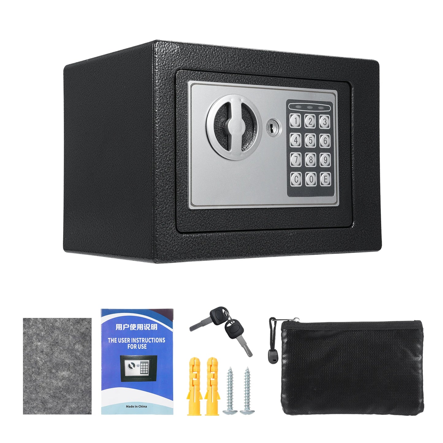 Black home safe with keypad, waterproof document bag, and spare keys, designed for secure storage of documents, money, and gold.