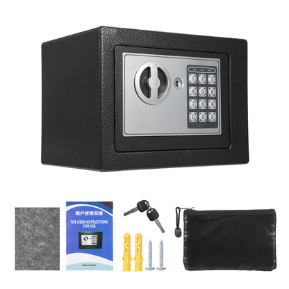 Black home safe with keypad, waterproof document bag, and spare keys, designed for secure storage of documents, money, and gold.