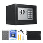 Black home safe with keypad, waterproof document bag, and spare keys, designed for secure storage of documents, money, and gold.