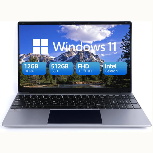 Black 15.6-inch laptop with Intel N5095 processor, 12GB RAM, 512GB SSD, IPS display, Windows 11, and large battery.
