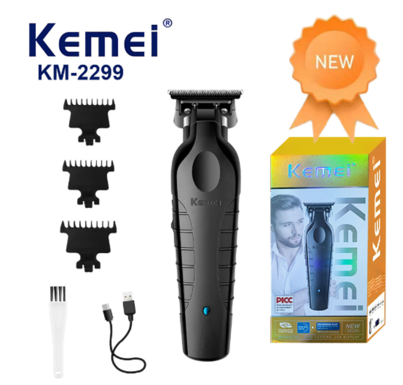 Black Kemei professional hair clipper set with multiple attachments and adjustable blades for grooming and haircutting.