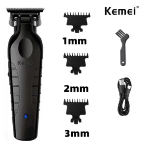 Black Kemei professional hair clipper set with multiple attachments and adjustable blades for precise grooming.