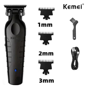 Black Kemei professional hair clipper set with multiple attachments and ergonomic design for precise hair cutting.