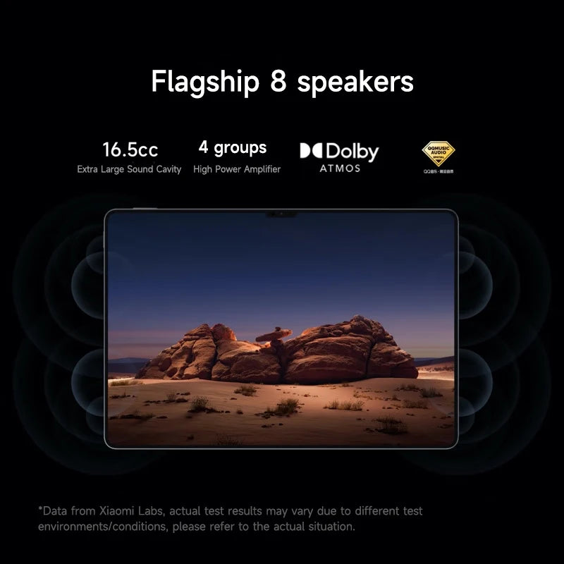 Black Xiaomi Pad 7 Ultra 2025 tablet with 14-inch 3.2K OLED screen, Xiaomi HyperOS, and a stylus pen placed beside it.