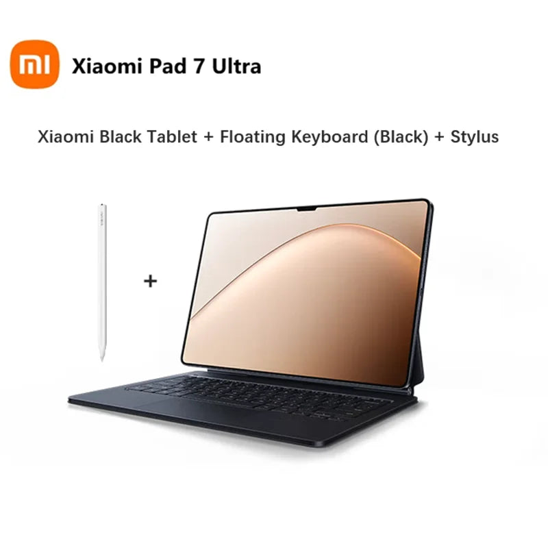Black keyboard and stylus for Xiaomi Pad 7 Ultra 2025 with 14-inch 3.2K OLED screen and 3nm processor.