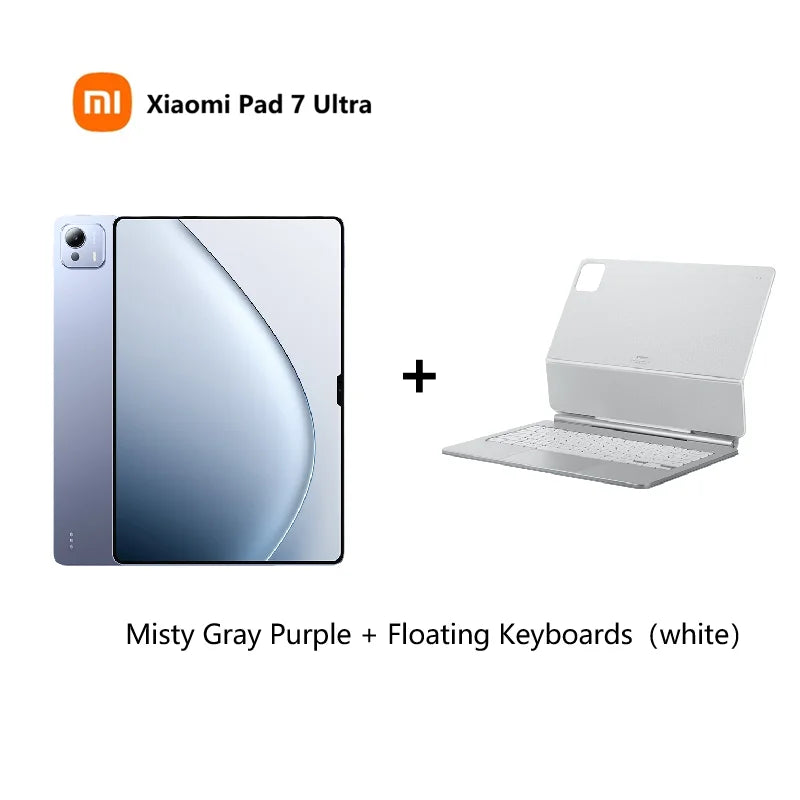 Xiaomi Pad 7 Ultra 2025 tablet with 14-inch 3.2K OLED screen, black keyboard, stylus, and 512GB storage.