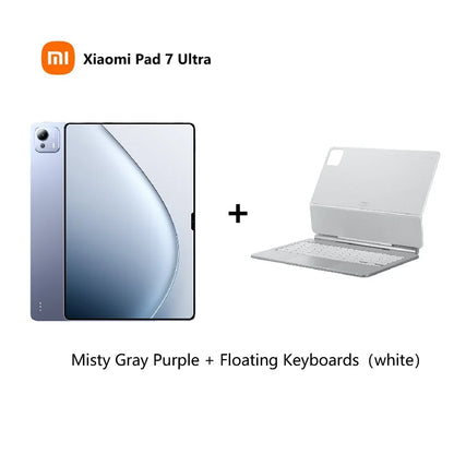 Xiaomi Pad 7 Ultra 2025 tablet with 14-inch 3.2K OLED screen, black keyboard, stylus, and 512GB storage.
