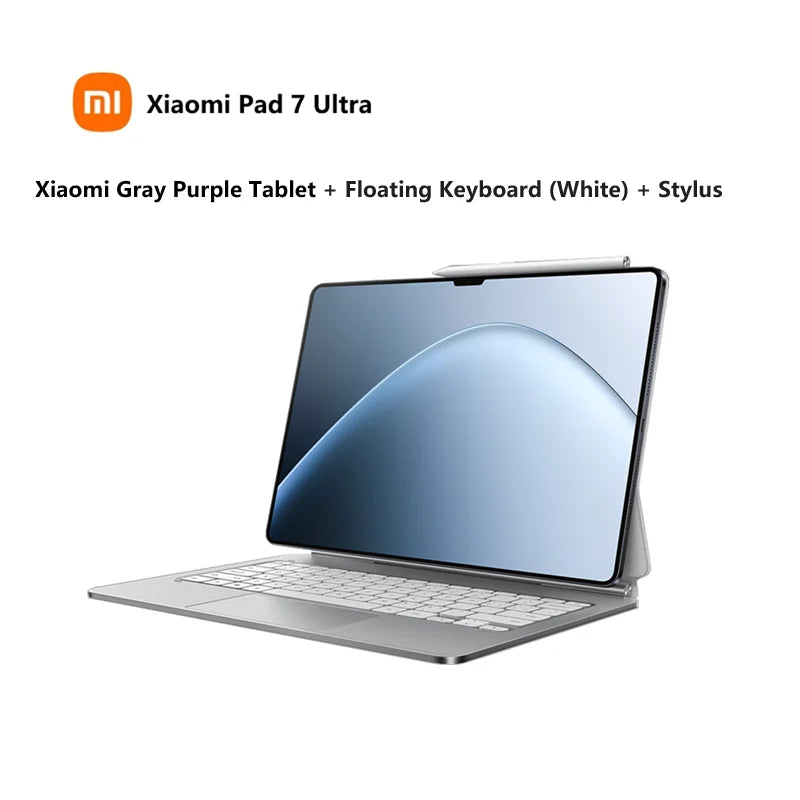 Black Xiaomi Pad 7 Ultra tablet with 14-inch 3.2K OLED screen, Xiaomi HyperOS, 3nm processor, and a backup keyboard and pen.