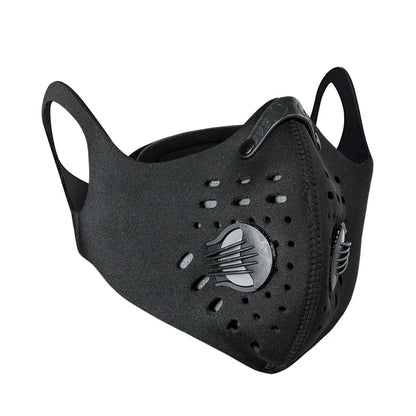 Black KN95 cycling mask by BackupMyFilesNow.com with adjustable straps and breathable fabric for outdoor protection.