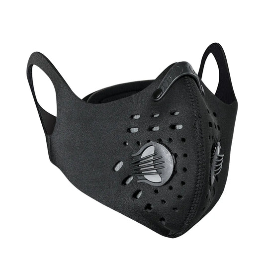 Black KN95 cycling mask by BackupMyFilesNow.com with adjustable ear loops and breathable fabric for outdoor protection.