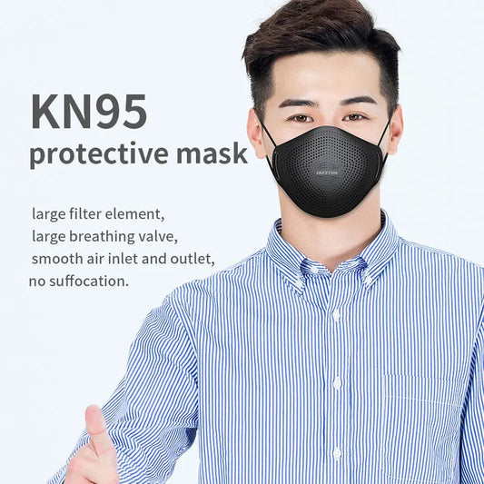 Black KN95 face mask with breathing valve, dust mask, FFP2 equivalent, close to FFP3, designed for respiratory protection.