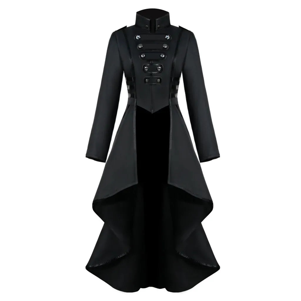 Black steampunk women's Victorian tailcoat jacket with gothic gothic details, suitable for cosplay or Halloween costumes.