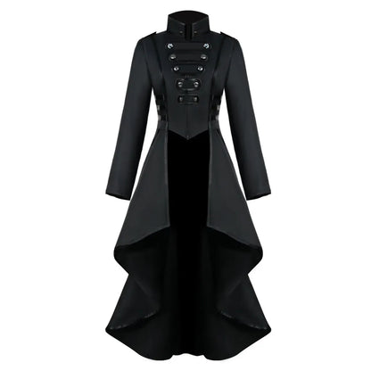 Black steampunk women's Victorian tailcoat jacket with gothic gothic details, suitable for cosplay or Halloween costumes.