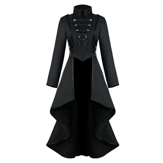 Black steampunk women's Victorian tailcoat jacket with gothic gothic details, suitable for cosplay or Halloween costumes.
